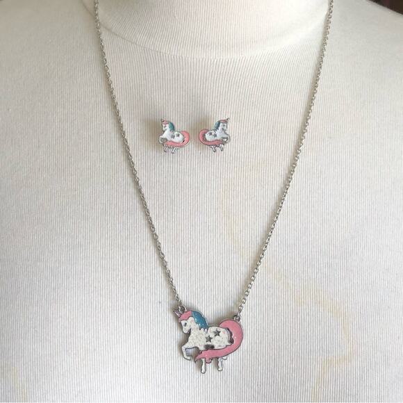 Magical Peach Pink Turquoise Star Glitter Unicorn Necklace And Post Earrings - Picture 2 of 14